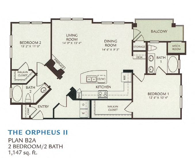 Floor plan for 2 beds, 2 baths, 1147 sqft